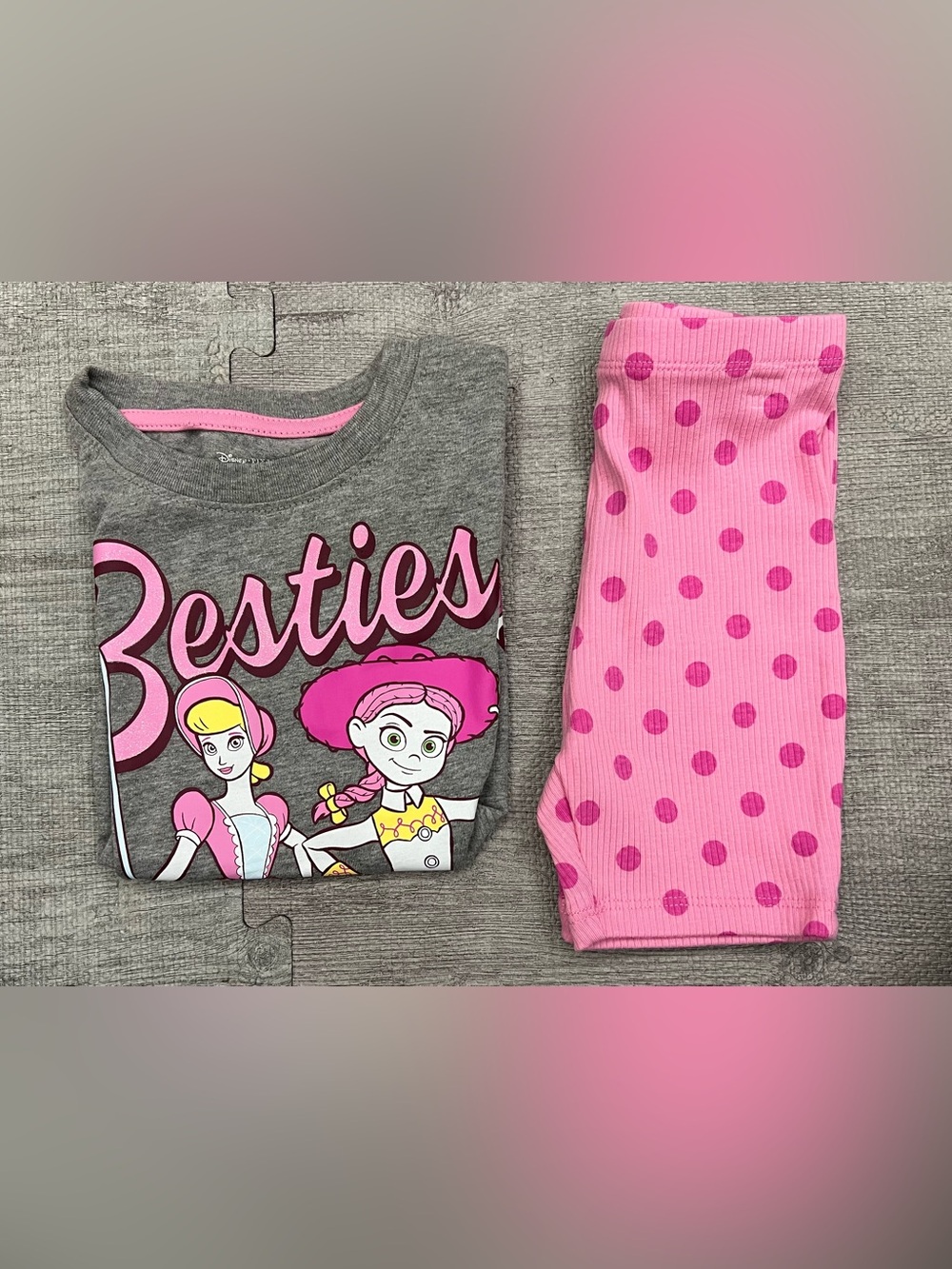 Disney Pixar Toy Story Girls 3T 2PC Cotton Knit Set Gray Pink Polka